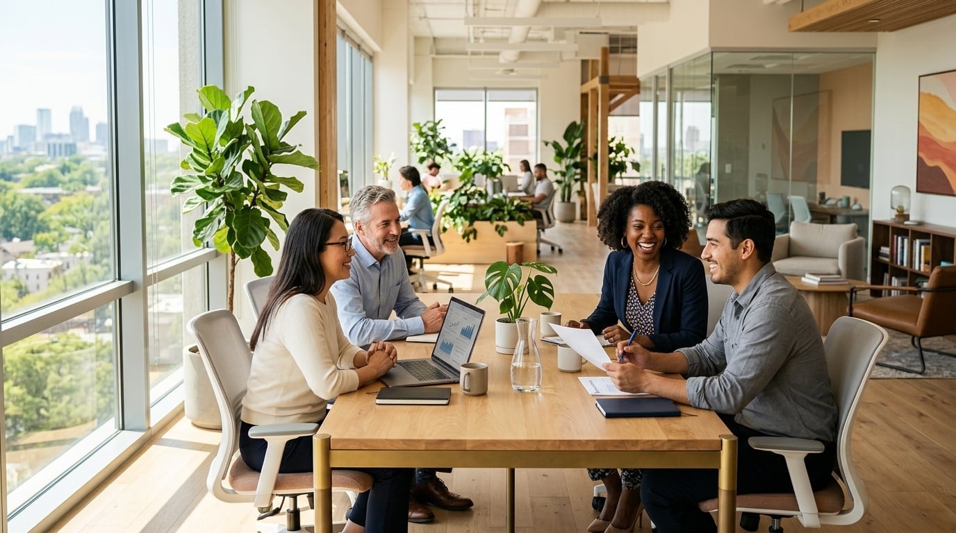 Profissionais em ambiente de trabalho saudável